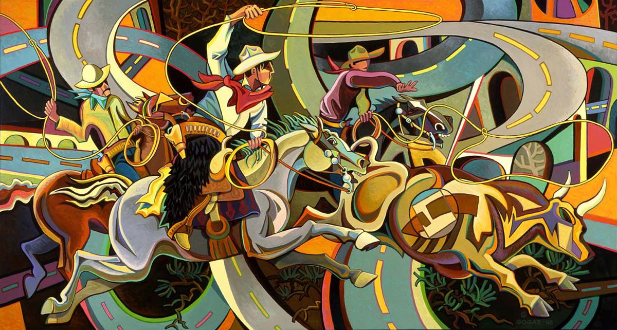 George Gogas (). "Judith Basin Encounter: When Charlie and Pablo had a Bad Day on the Freeway," 1996. Acrylic on canvas. Anonymous Gift. 15.98