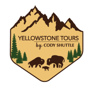 Tan and brown mountain logo with brown bison, green trees, and brown text, "Yellowstone Tours by Cody Shuttle"